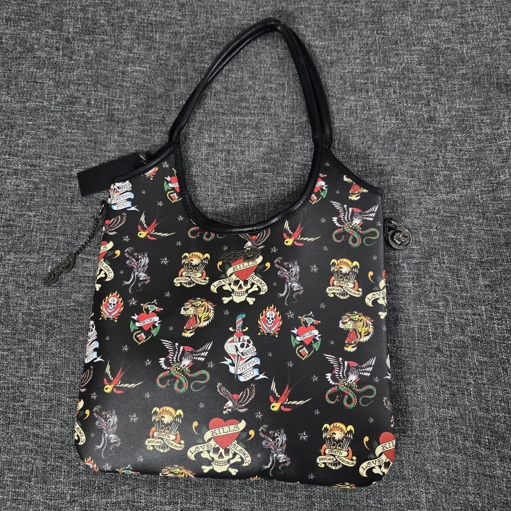 Ed Hardy Black Tattoo Flash Print Vegan Leather Tote Bag EHH191-42-003 NWT